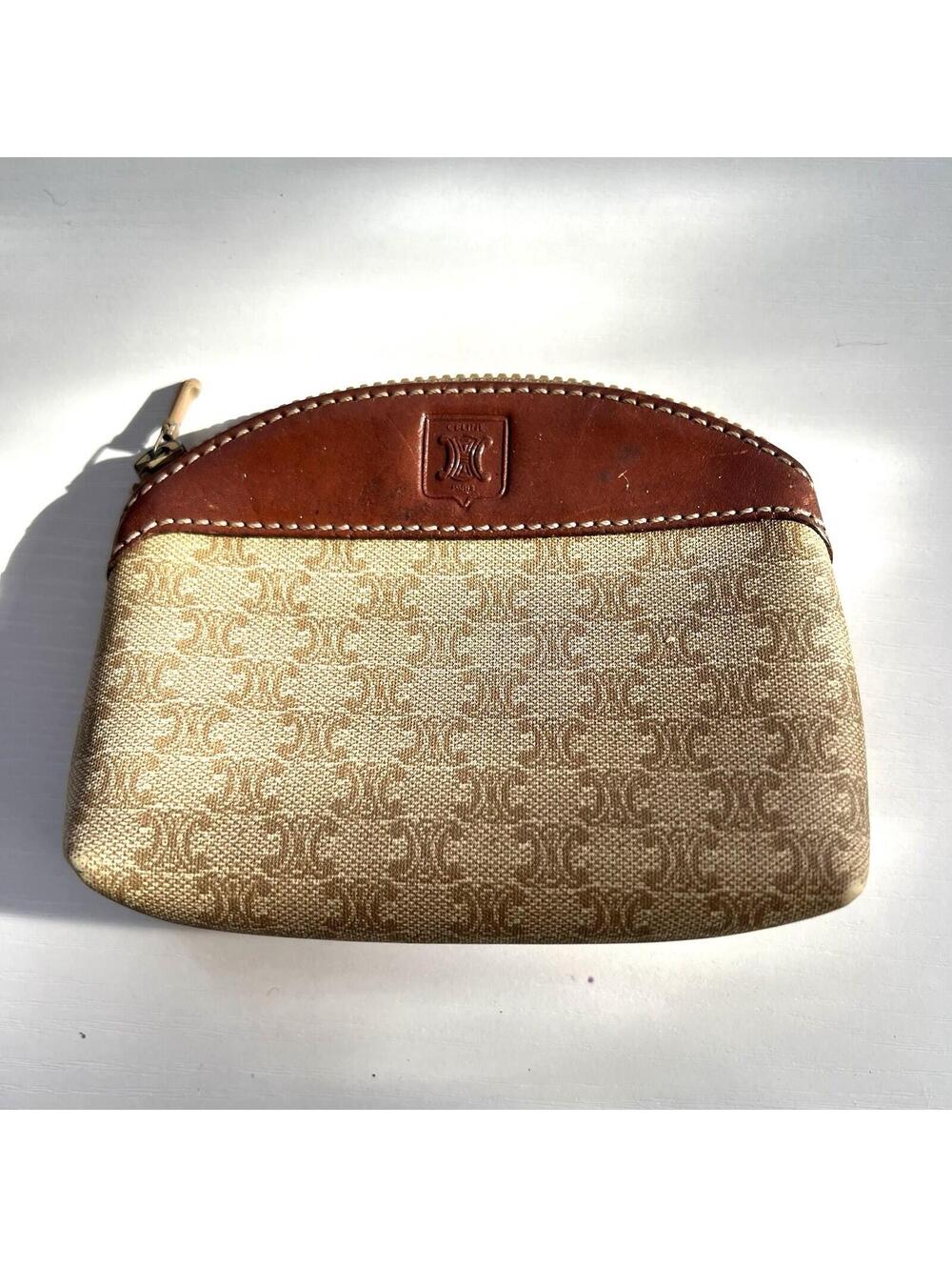 Vintage CELINE Macadam Cosmetic Pouch Case Clutch Canvas Leather Brown Italy